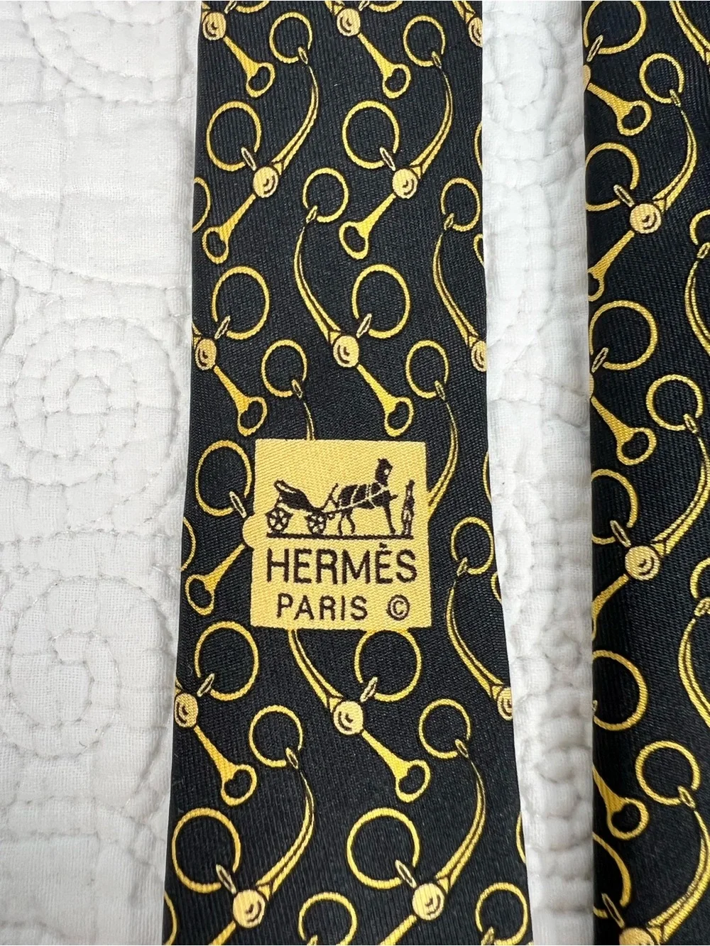 Vintage Hermès Silk Tie 643 TA Black Gold Horsebit Equestrian Scarf Print France